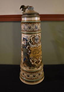 Etched Mettlach 7 Liter #1161 Beer Stein: Mettlach 1161 Etched Beer Stein, 7 liter, pewter lid, 22" tall