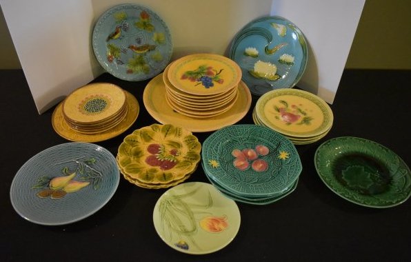 Group of 31 Majolica Plates German & French: A Group of 31 Assorted German & French Majolica Plates, as shown.