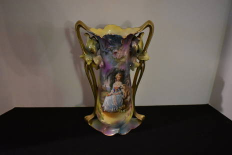 R.S. Prussia Porcelain Vase: Beautiful R.S. Prussia Porcelain Vase with Victorian Woman and Dog, measures 9.25" tall, gorgeous colors