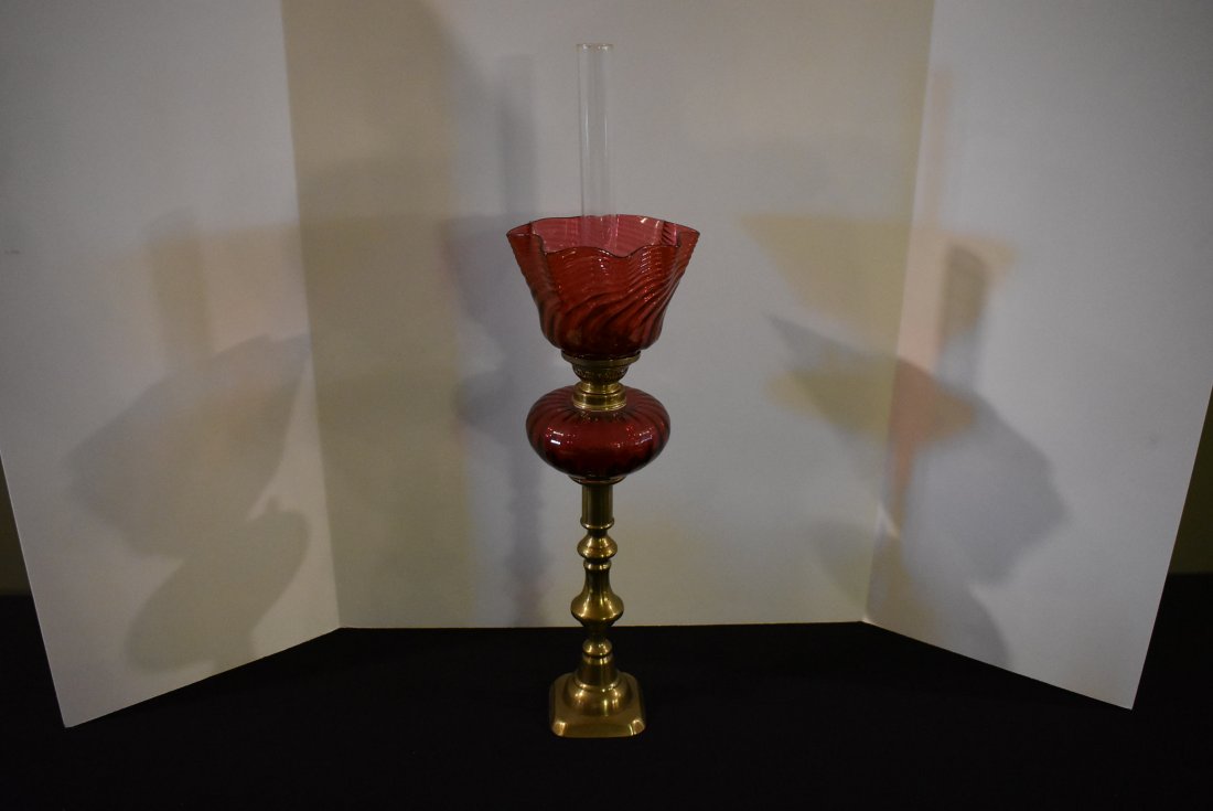 Antique Gaudard Cranberry Swirl Glass Oil Lamp (1 of 5)