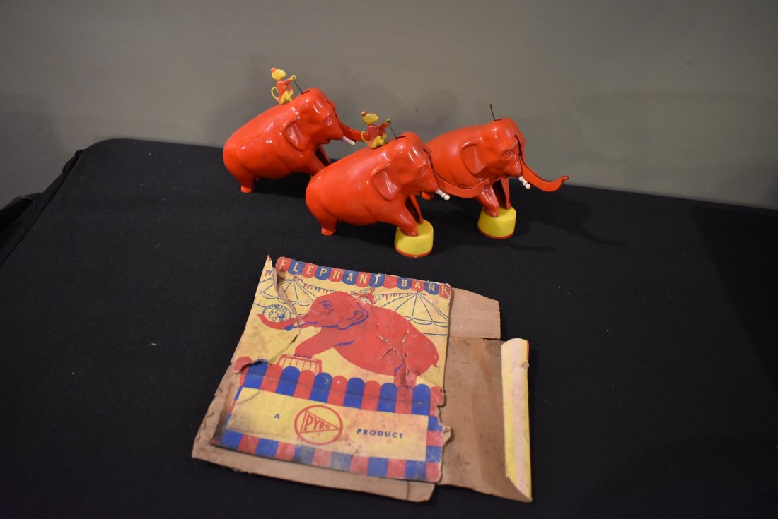 Lot of 3 Vintage Pyro Elephant Banks: A Group of 3 Vintage Pyro Products Elephant Banks, includes one box (with wear).