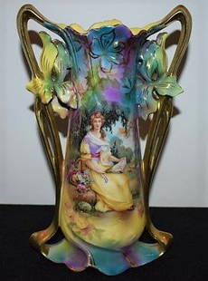 Beautiful Antique R.S. Prussia Vase: Gorgeous Antique R.S. Prussia Vase showing a Woman with Sheep in the background. It measures 9" tall