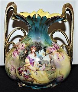 Beautiful Antique R.S. Prussia Vase: Gorgeous Antique R.S. Prussia Vase showing a Woman with Sheep in the background. It measures 7.5" tall.
