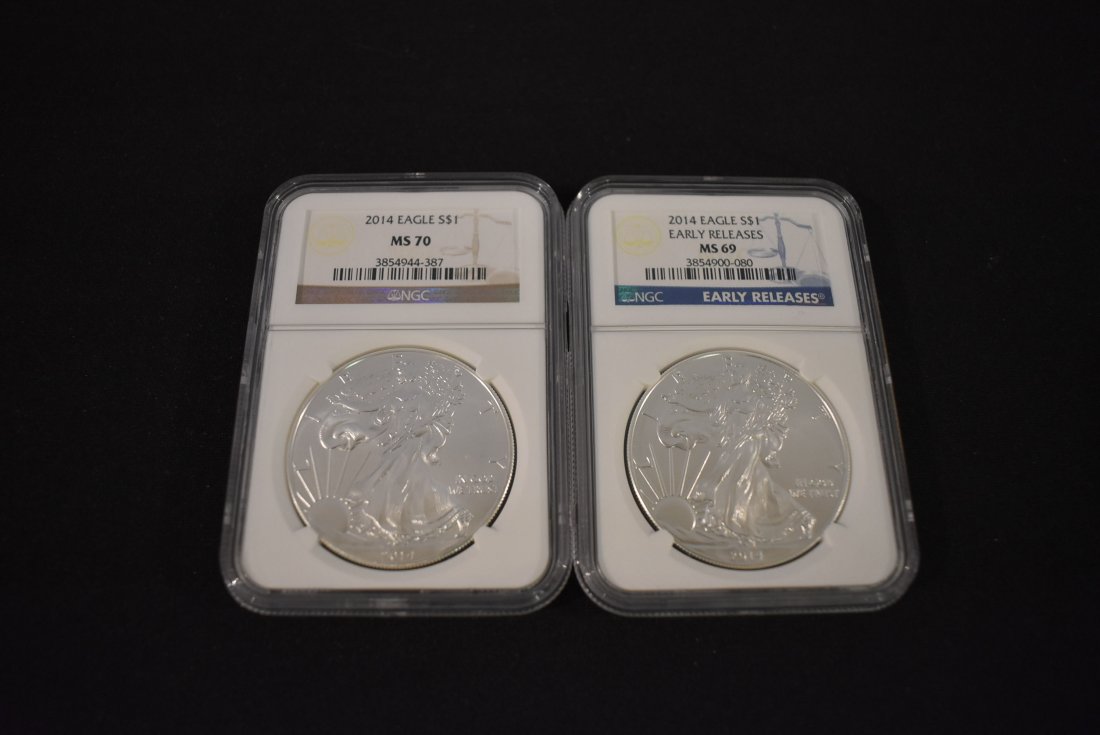 Lot of 2 2014 Silver Eagles NGC: Lot of 2 2014 Silver Eagles, NGC MS 69 Early Releases and NGC MS 70.