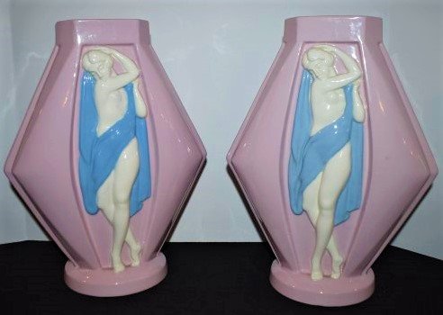 Pair of Kent Artware Nude Vases: Pair of Kent Artware Nude Vases, Pink, Blue & White, 12" tall