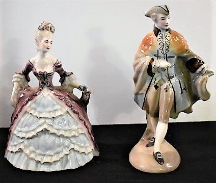 Pair of Goldscheider Victorian Figures: Pair of Goldscheider Victorian Figures, 7", Madame Pompadour and Prince of Wales.