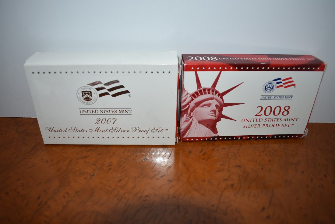 2007 & 2008 Silver U.S. Mint Proof Sets: 2007 & 2008 United States Mint Silver Proof Sets, with COAs