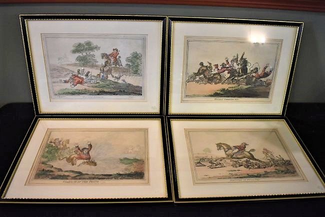 Full Set of James Gillray Hand Colored Hounds Etchings: Full Set of 4 James Gillray Hand-Colored Etchings with Aquatint. Hunting Scenes including "Hounds Finding", "hounds Throwing Off", "Hounds Throwing Off" and "Coming in at the Death". Publish date 1800