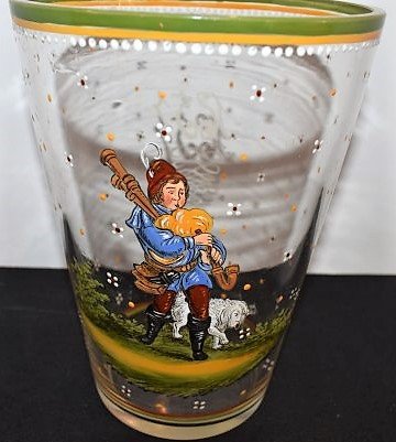 Large 1880's Historismus Glass Beaker: Large 11" 1880's Historismus Glass Hand Painted Beaker showing a Bagpiper and his Dog.