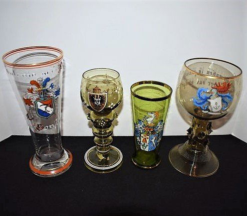 4 Hand-Painted Enameled Beakers: Group of 4 Hand Painted, Enameled Student Societies Coat of Arms Drinking Cups/Beakers/Vessels. Amber, Green and Clear Glass.