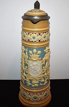 Mettlach 1739 Relief Master Stein 3 liter: Mettlach #173 Relief Master Stein, 3 liter, Cavaliers and Shield, measures 17"