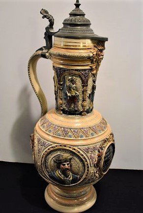 2 Liter Pottery Beer Stein: 2 Liter Pottery Beer Stein, Crisp Coloring with Unique Spout. Pewter Lid, 18\' tall.