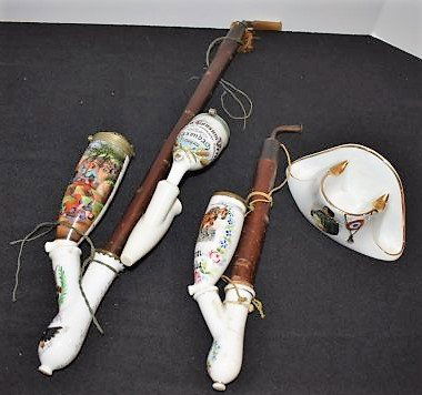 Group of German Regimental Pipes & Limoges Pipe Stand: A Group of 3 German Regimental Porcelain Pipes and a Limoges Pipe Stand/Ashtray showing Napoleon.