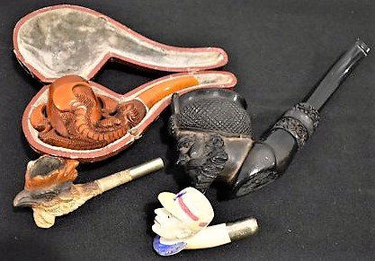 Group of 4 Vintage Pipes: Group of 4 Vintage Pipes including: German Porcelain Man w Hat, German Rooster, Carved Man w Turban and Carved w Talons in case.