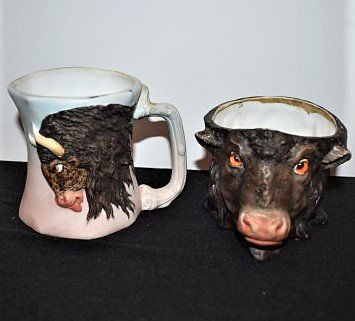 E. Bohne Bison Shaving Mug & Ashtray: Ernst Bohne RARE Porcelain Bison Shaving Mug and Ashtray. Ashtray has glass eyes and measures 3", mug measures 4".