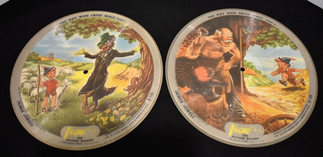 2 Vouge Picture Records Discs: Group of 2 Vintage Vouge Picture Records Discs, "The Boy Who Cried Wolf part I & II" and "The Trial of the Bumble The Bee part I & II".