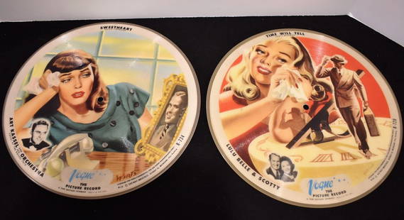 2 Vintage Vouge Picture Records Discs: Group of 2 Vintage Vouge Picture Records/Discs, "Sweetheart and A Little Consideration" and "Time Will Tell and Grandpa's Gettin' Younger Ev'ry Day".