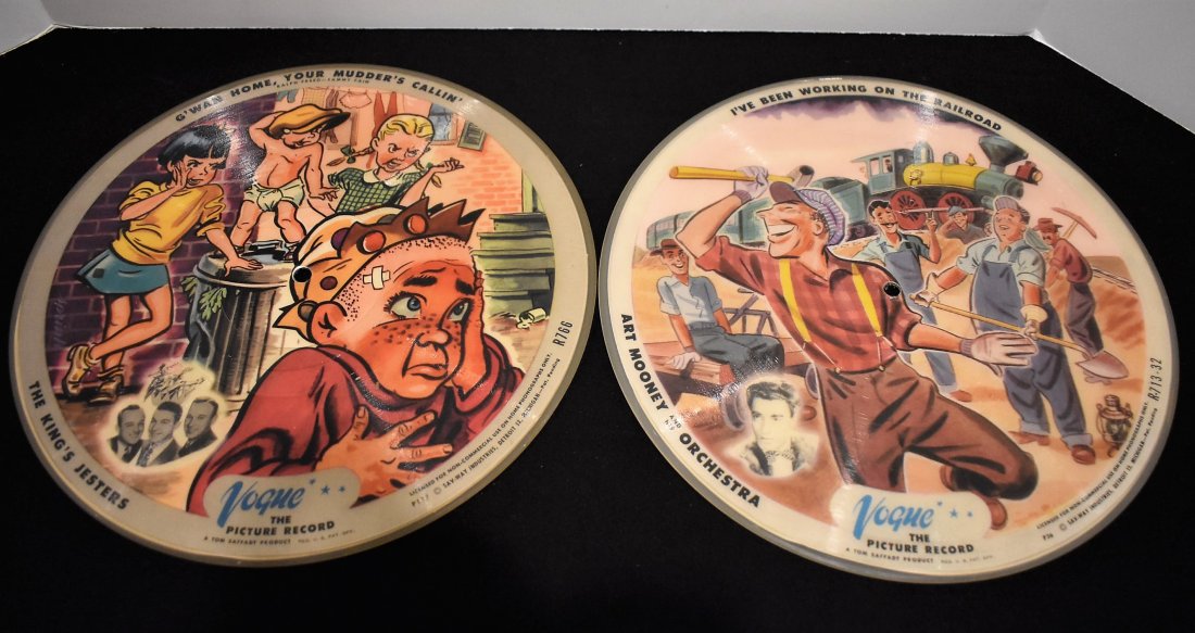 2 Vintage Vogue Picture Records Discs: Group of 2 Vintage Vogue Picture Records Discs, "Sepulveda/G'Wan Home, Your Mudder's Callin" and "I don't Know Why/I've Been Working on the Railroad"
