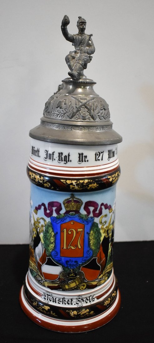 Regimental Beer Stein Infantry c1900-1902: 1/2 liter Infantry Regimental Beer Stein #127 Ulm 3 Company, nice pewter lid, lithopane