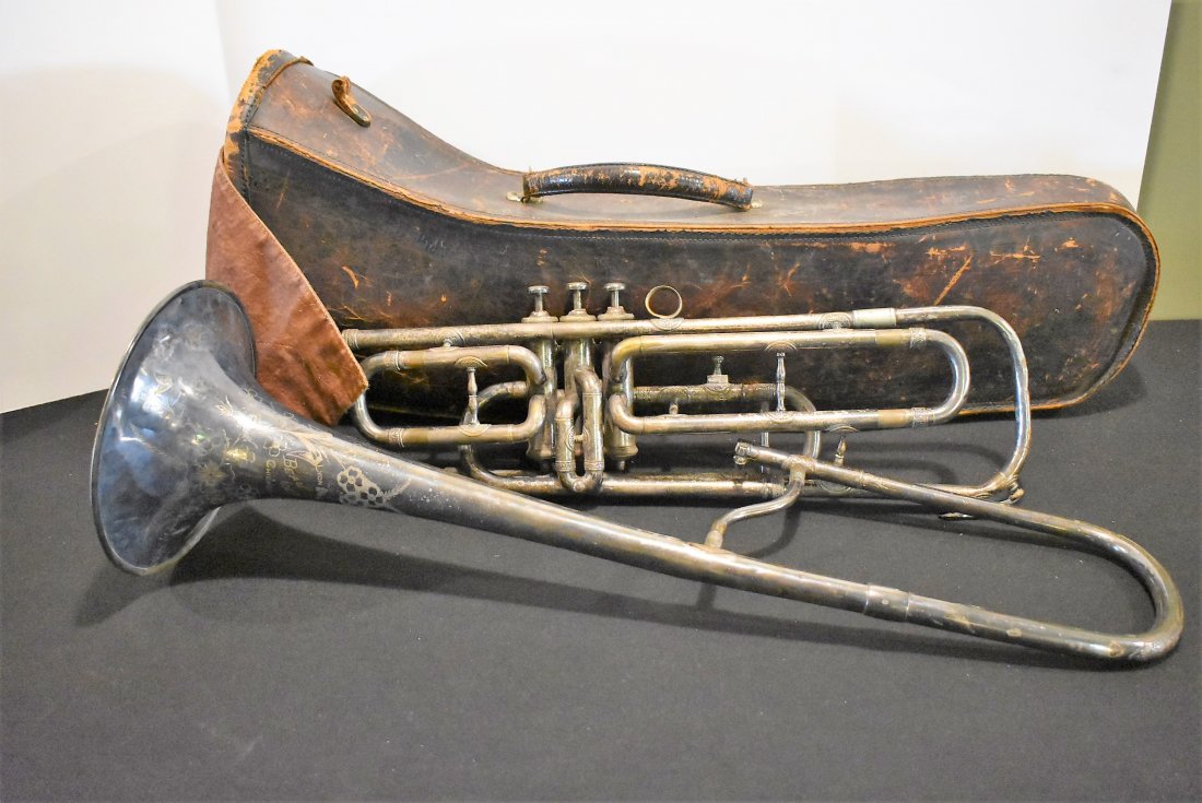 Vintage Lyon & Healy Chicago Trombone: Vintage Lyon & Healy Chicago Trombone, as shown with Conn Mouthpiece and Oil Can, Leather Case.