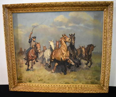 Janos Viski OIl Painting on Canvas Wild Horses: Janos Viski (Hungarian 1891-1987) Oil on Canvas, Wild Horses. Measures 28" x 24" framed