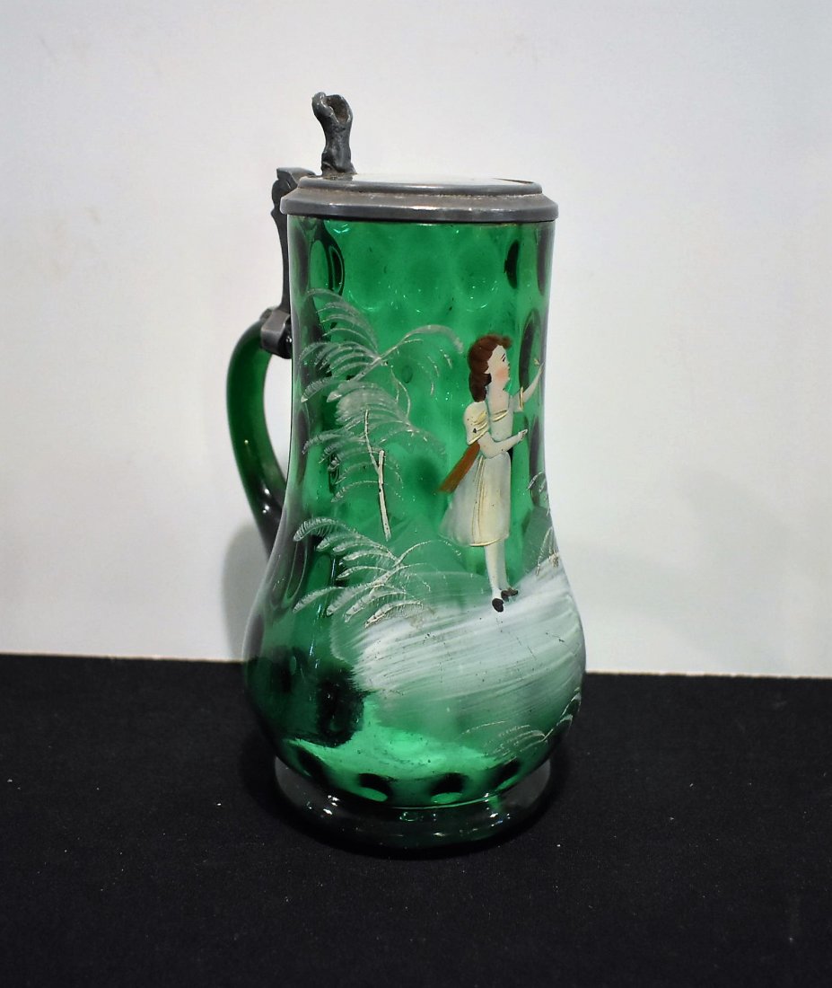 Antique Hand Painted Mary Gregory Glass Stein: Antique Hand-Painted Mary Gregory Glass Stein with inlay glass lid. 1/3 liter? measures 6.5"