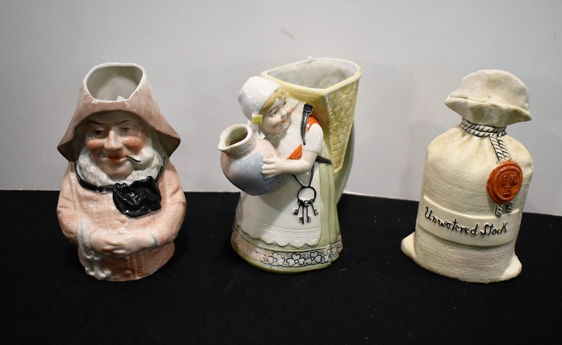 3 Pieces Antique Schafer & Vater Porcelain: A Group of 3 pcs Antique Schafer & Vater Porcelain including 2 5" Pitchers and a 5.5" lidded Flask.