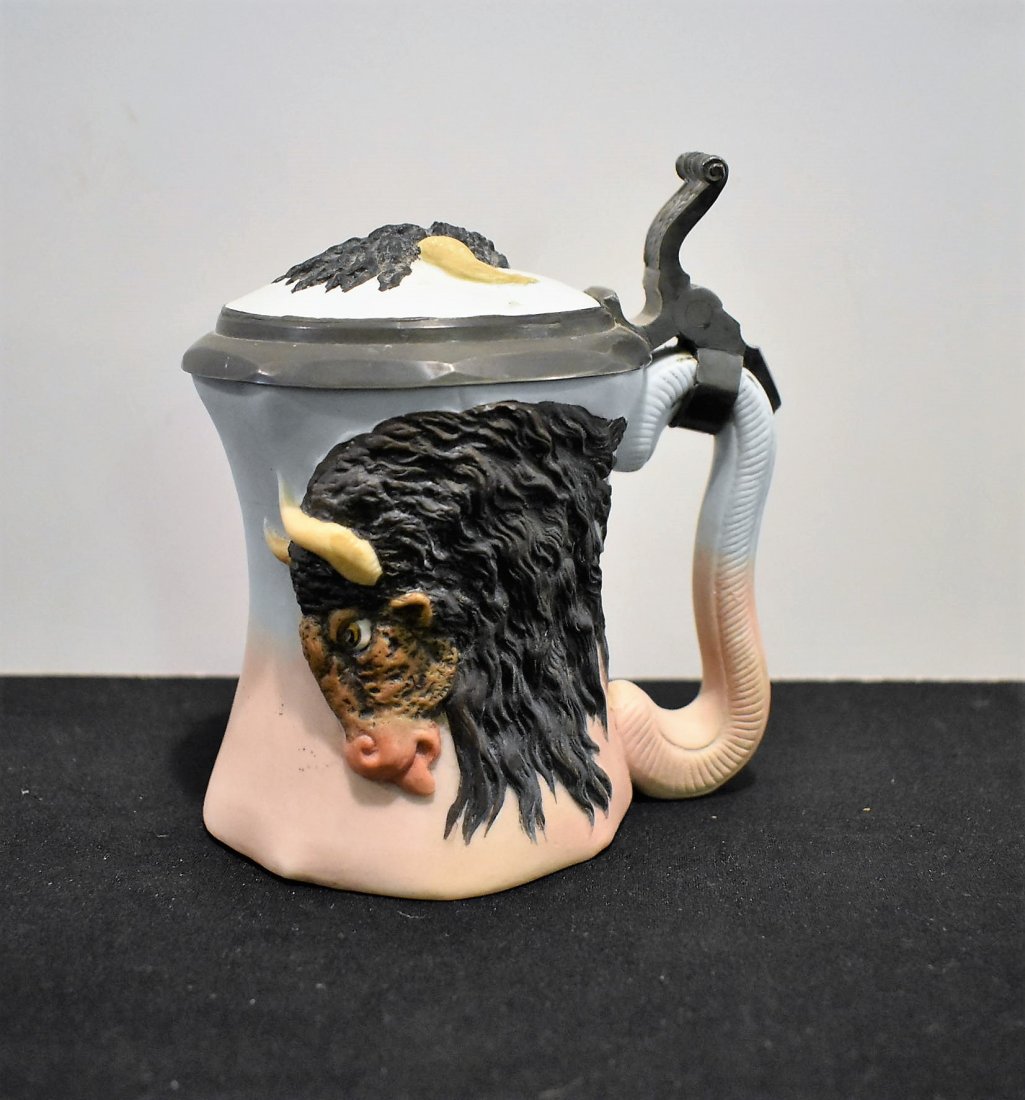 RARE E. Bohne Sonne Character Buffalo/Bison Stein: 1/2 liter E. Bohne Sonne Porcelain Buffalo/Bison Character Stein, rare to find in this condition.