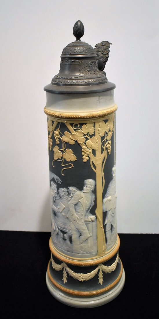 Mettlach 2.5 liter Cameo Beer Stein by Stahl Bowling: Mettlach #2688 Cameo Bowlilng Scene Stein by Stahl, 2.5 liter. It measures 18" and shows three bowling scenes. Original pewter lid.