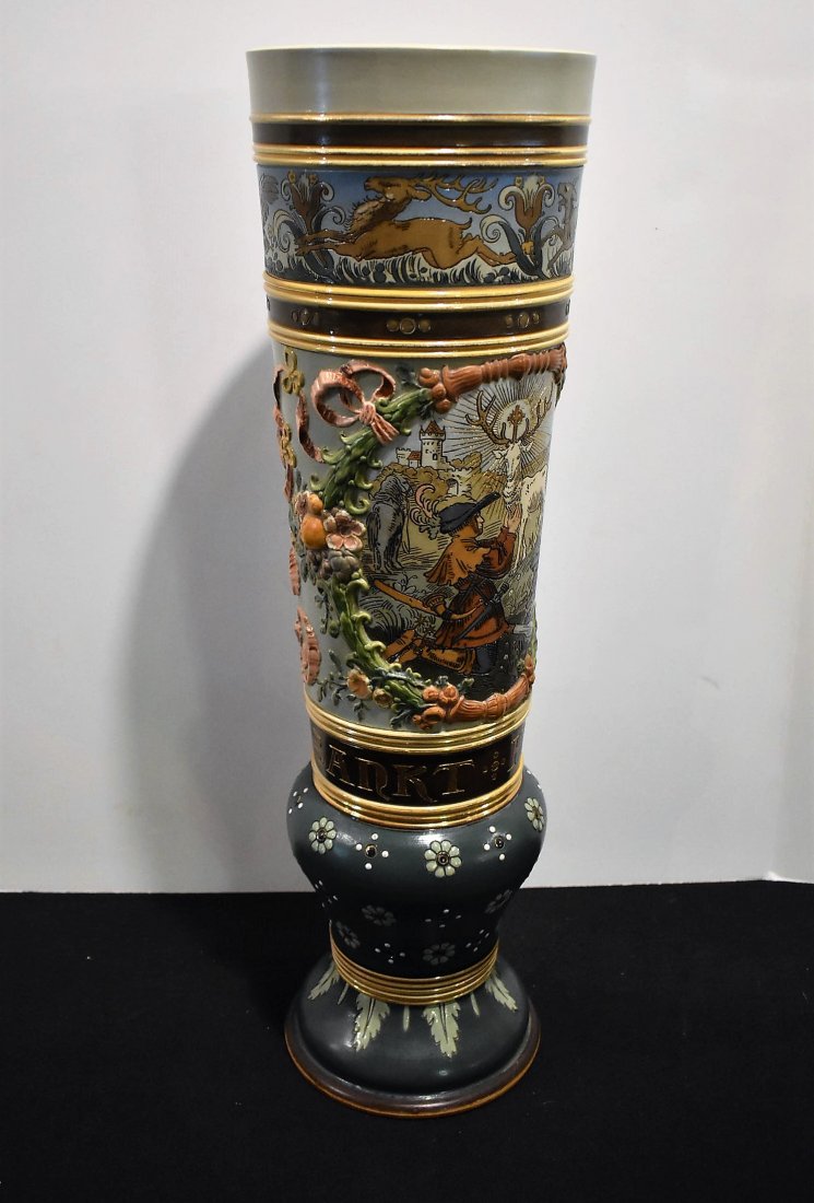 RARE Mettlach St. Hubert Pokal 2063: Mettlach Etched St. Hubert Pokal measures 19" tall, no lid. One of the rarest of all Mettlach Pokals.