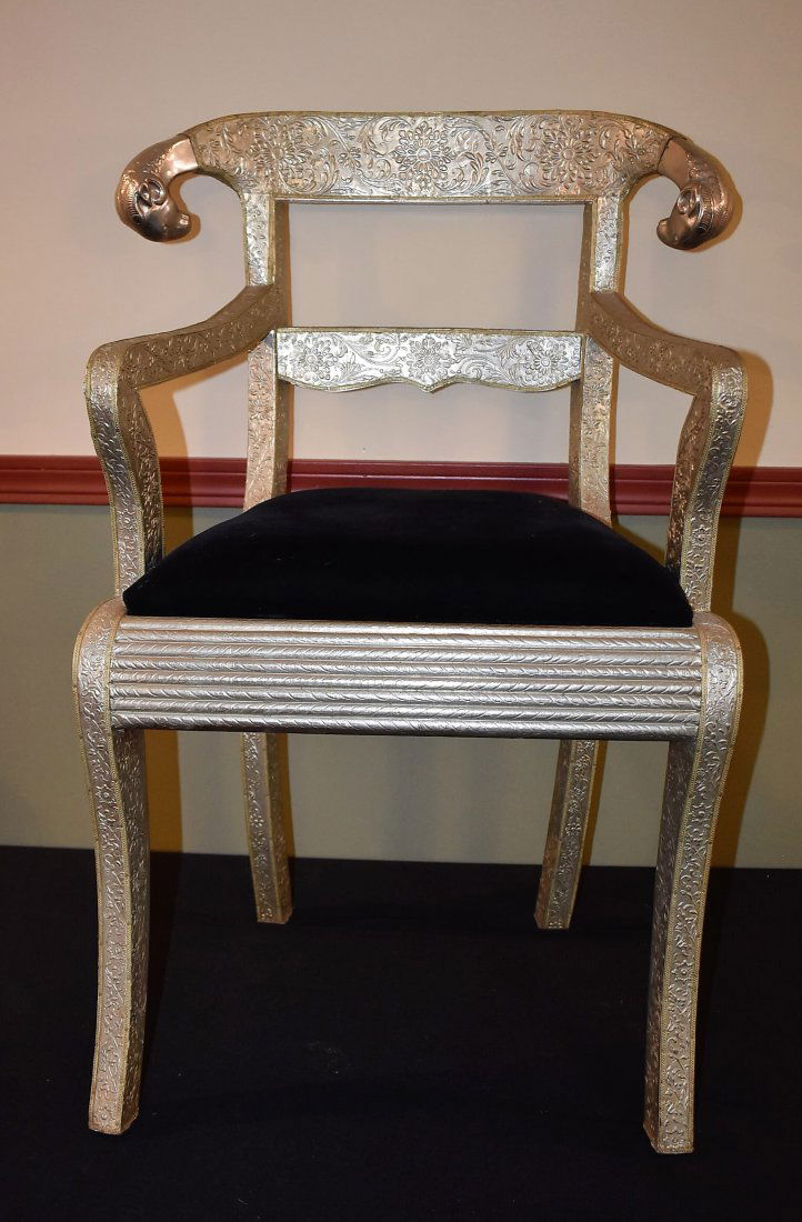 Indo-Persian Rams Head Occasional Chair: Beautiful Repoussed Metal Ram's Head Occasional Chair with Velvet Cushion, 34" tall, 21" wide
