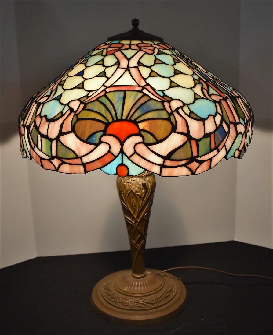 Vintage Stained Glass Lamp: Vintage Stained Glass Lamp, shade measures 16" in diameter, 22" tall.