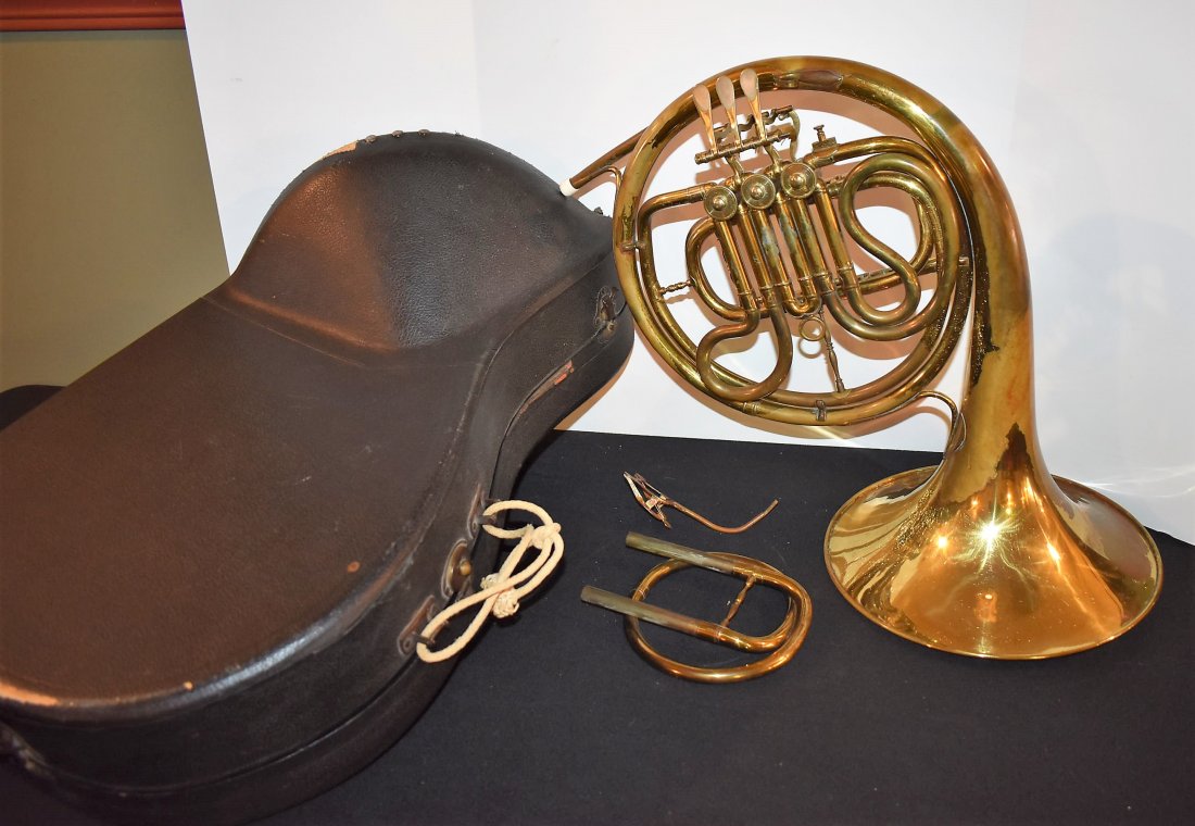 Vintage French Horn: Vintage French Horn in case, maker unknown.