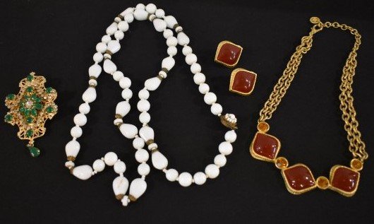Signed Costume Jewelry Miriam Haskell Hobe Givenchy: A Group of Signed Designer Costume Jewelry including: White Miriam Haskell Bead 38" Necklace, Givenchy Necklace and Earrings Set and Hobe' Brooch.