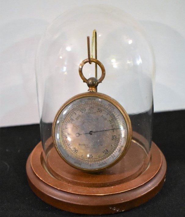 Antique Short & Mason London Tycos Pocket Barometer: Antique c. early 1900's Short & Mason London Tycos Compensated Pocket Barometer. It measures 2", comes in glass dome display.