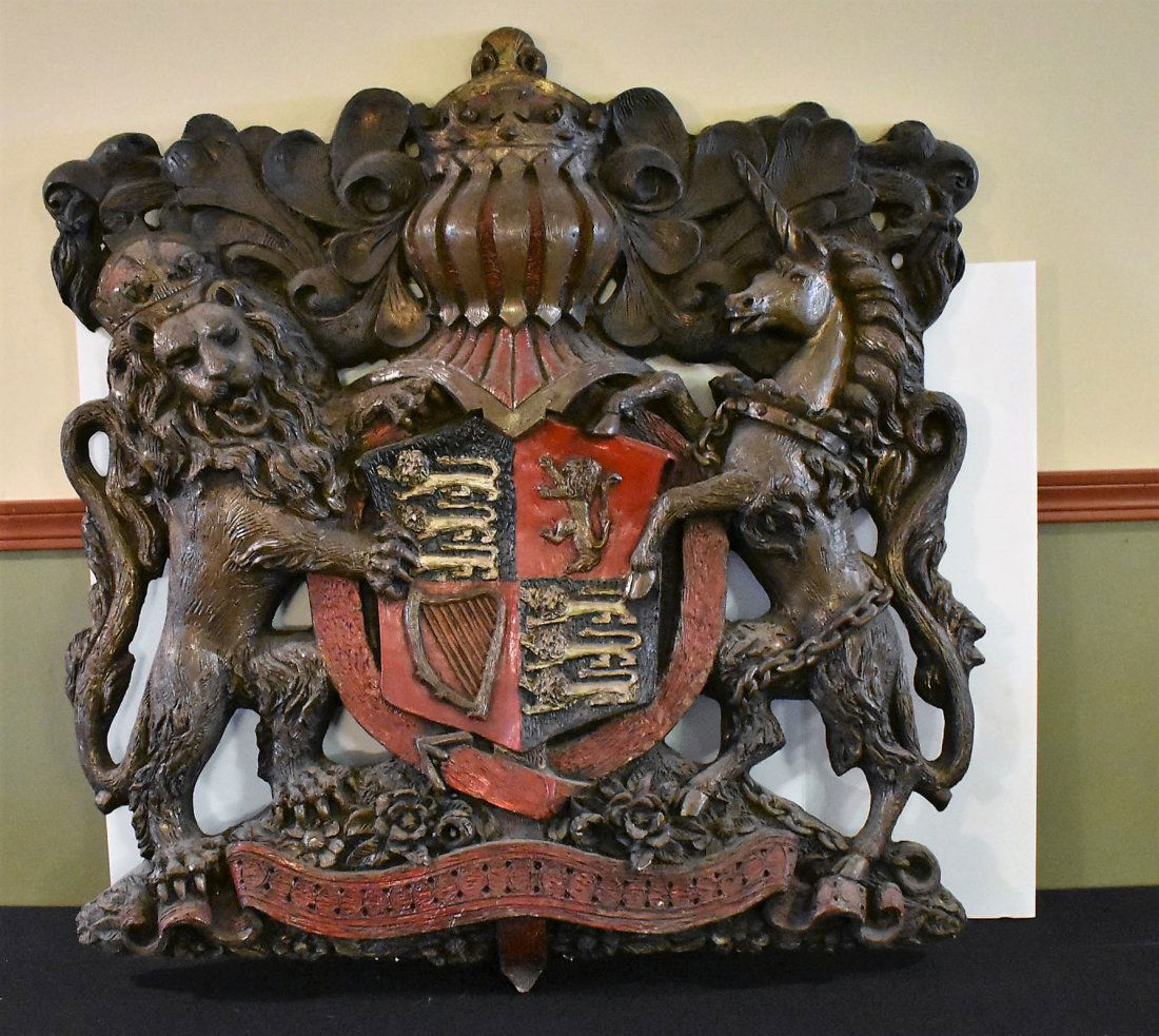 Large Hanging Coat of Arms: Large Coat of Arms made of Fiberglass with embedded metal frame, measures 39" x 36".Large, heavy piece.