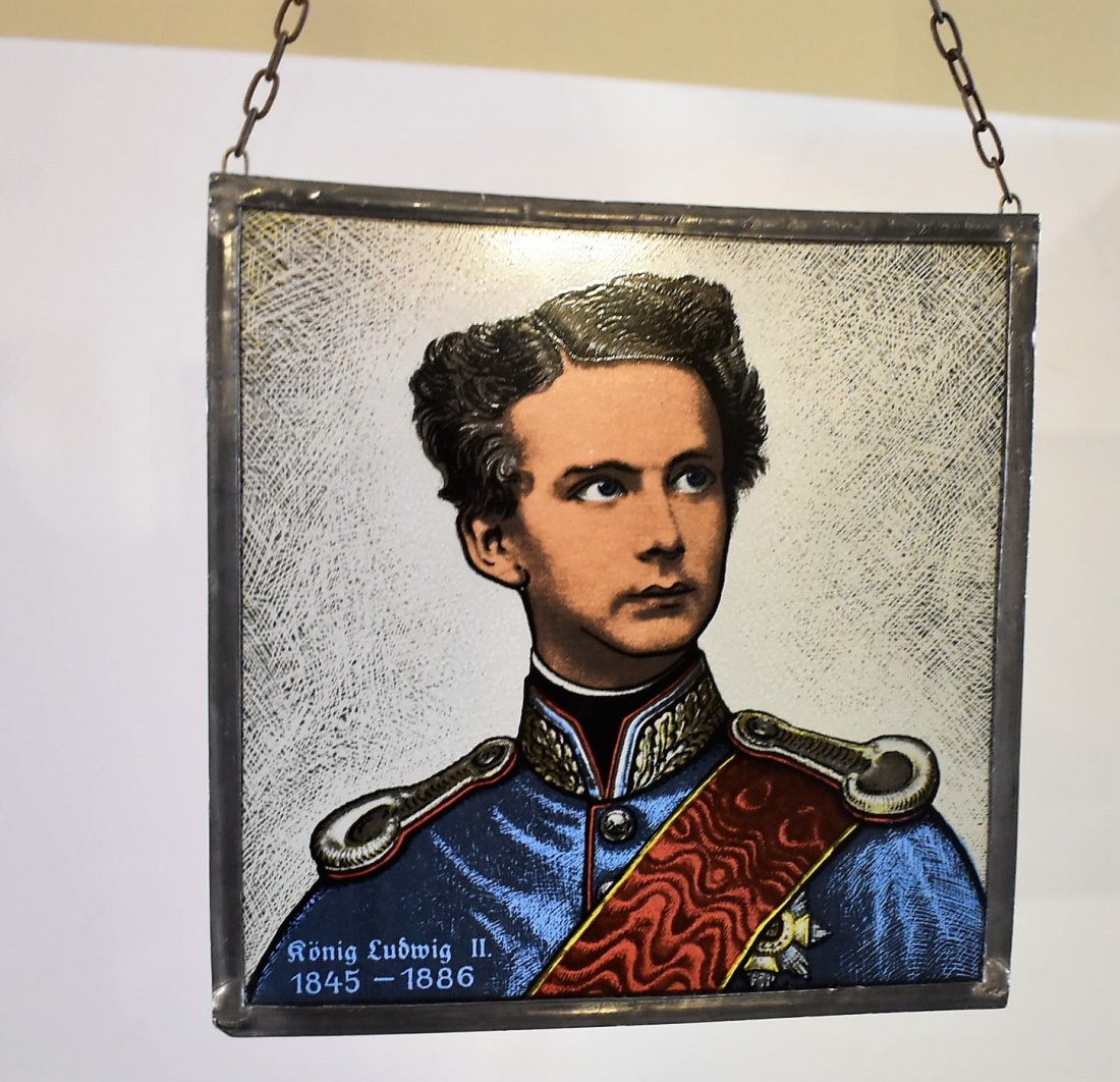 King Ludwig II of Bavaria Stained Glass Panel: Small Stained Glass Panel showing King Ludwig II of Bavaria, measures 6" x 6"