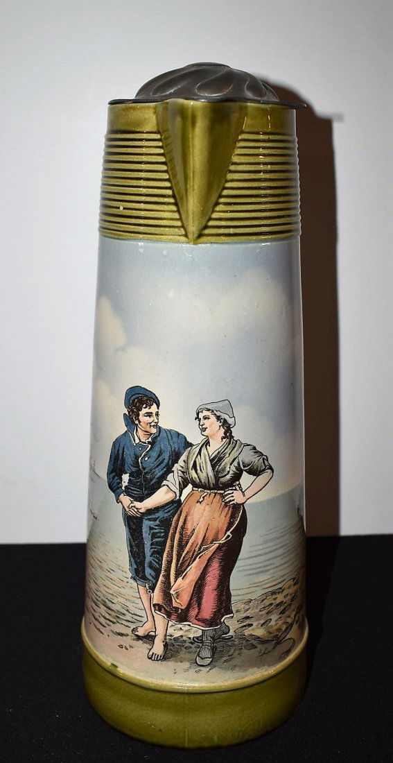 Mettlach 3 liter Pitcher Young Lovers: Mettlach 3 liter Pitcher, Young Lovers, measures 14", pewter lid.