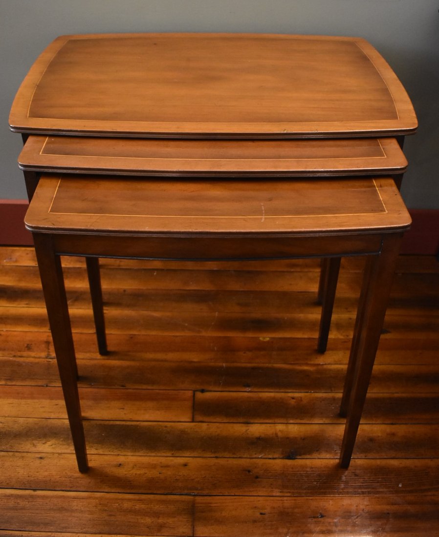 Kittinger Set of 3 Stacking Nesting Tables: Set of 3 Kittinger Stacking/Nesting Tables with String Inlay, 24.5" h x 28" long x 19" deep