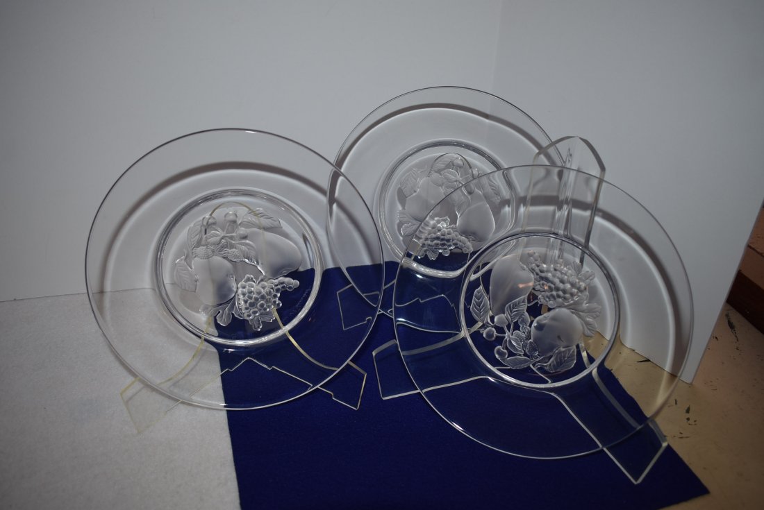 Lot of 3 Val St. Lambert Dessert Plates: Group of 3 Val St. Lambert Dessert Plates showing Fruit. They measure 8" and are signed.