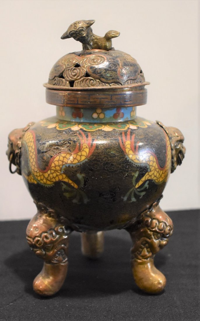 Cloisonne Footed Incense Pot Burner w Foo Dog Lid: Cloisonné Footed Incense Pot with Foo Dog on Lid, brass feet and brass lions on sides. Measures 6" tall.