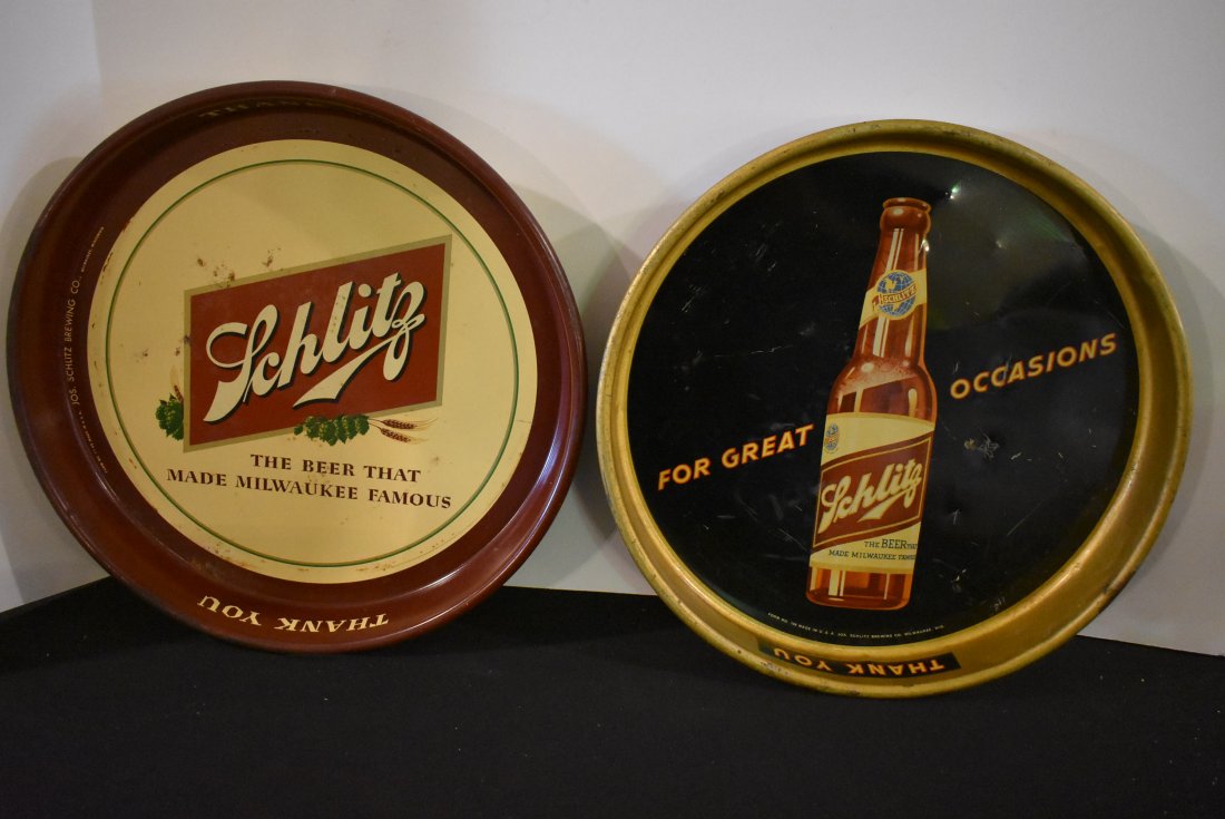 2 Schlitz Vintage beer Advertising Trays: 2 Trays advertising Schlitz beer - one is the "Great for occasions" Tray 1930's era and the other is a 40's era "The beer that made Milwaukee Famous" tray - the trays have some light scratching, minor