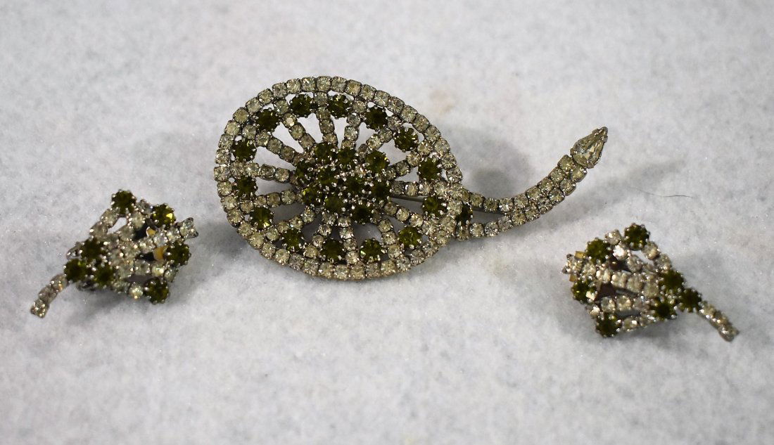 Hobe Signed Rhinestone Brooch and Clip earring set: Hobe Signed Rhinestone Brooch and Clip earring set Clear and Green stones