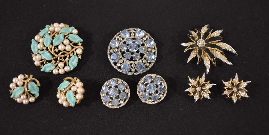 Lot of 3 sets of Designer signed Costume Jewelry Brooch: Lot of 3 sets of Designer signed Costume Jewelry - Brooch Sets include Brooch and Clip Earrings. the designers are: Weiss, D'orlan & Trifari - sets are in great Shape