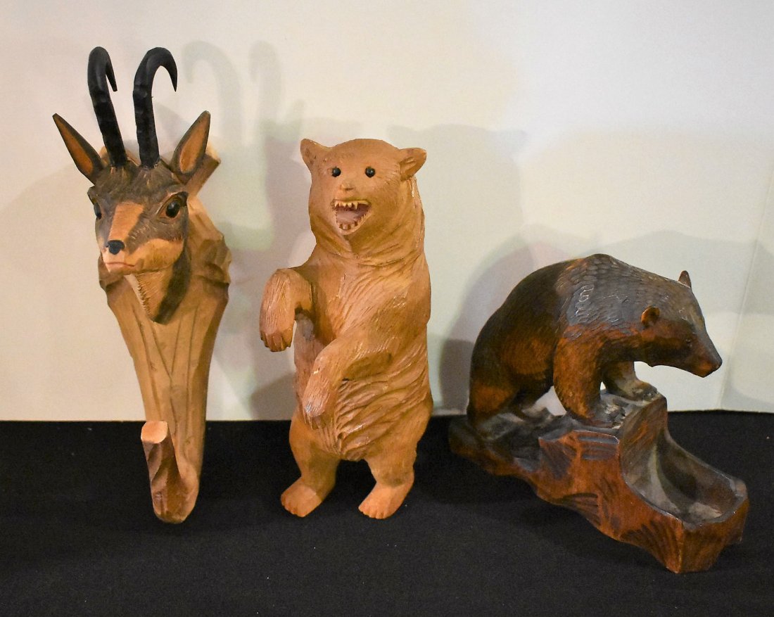 Group of 3 German Wood Carvings: 3 German Wood Carvings including 2 Bears and a Whip Hook.