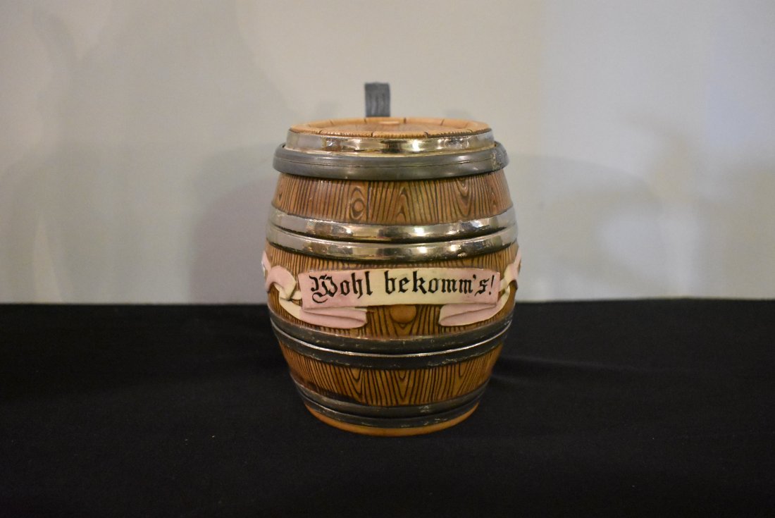 Beer Barrel Character Beer Stein 1/2 Liter: 1/2 Liter Beer Barrel Character Beer Stein, inlay lid, marked Germany.