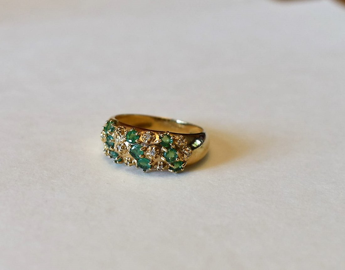 10K Gold, Diamonds and Green Stones Ring: 10K Yellow Gold, Diamonds and Green Stones Ring, size 6.5, 3.1 grams