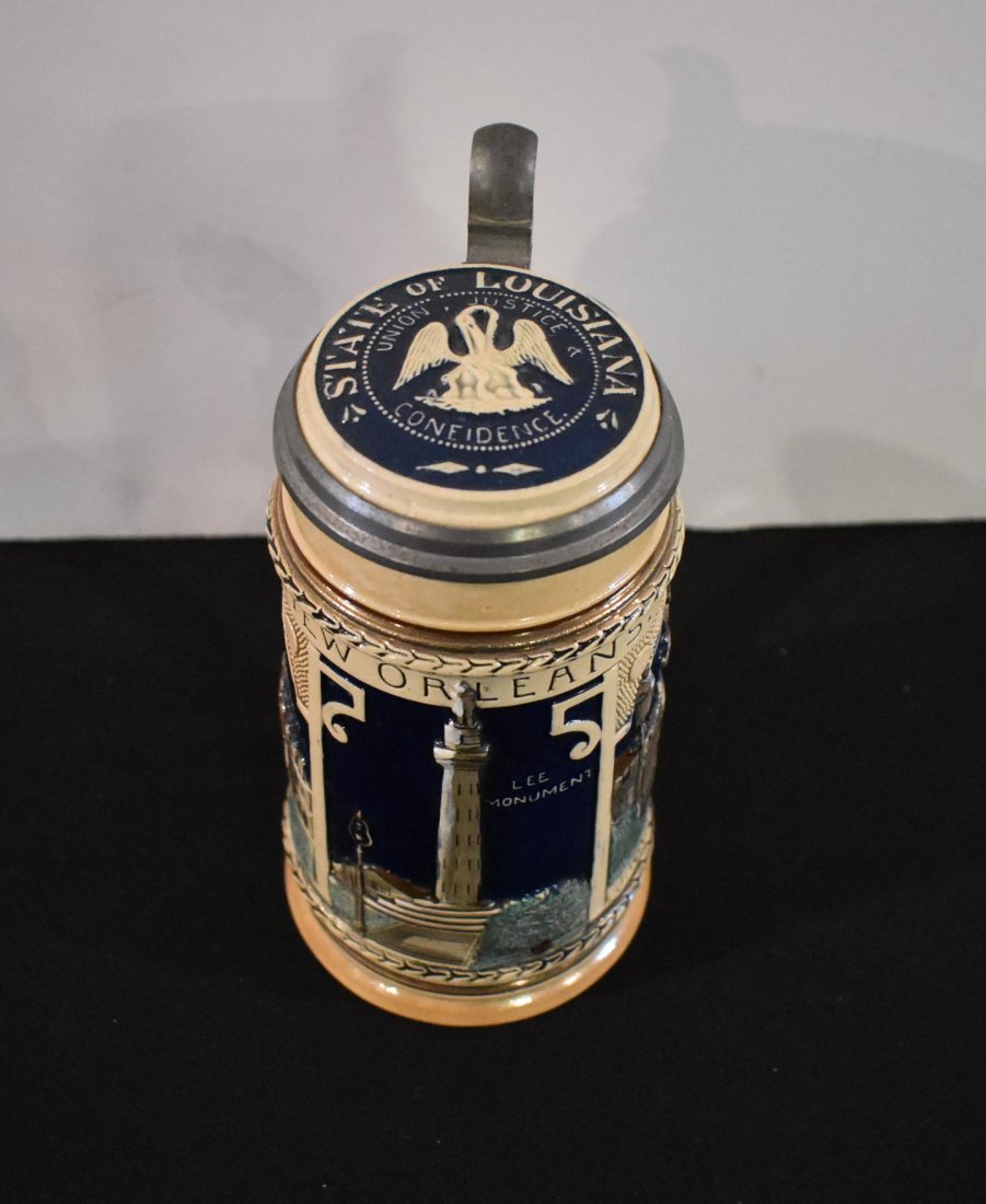 New Orleans Souvenir 1/2 liter Beer Stein: 1/2 liter New Orleans Pottery Souvenir Beer Stein, state of Louisiana Inlay, #6125 back side of body.