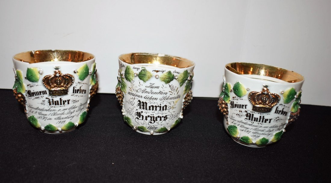 Group of 3 Regimental Tea Cups 1904-1909: A Group of 3 Regimental Cups. 2 are from the same unit 9th Company Infamtry Regiment 97 Saarburg 1909, both have rim chips.The third cup is missing its handle, dated 1904 and appears to be dedicated t