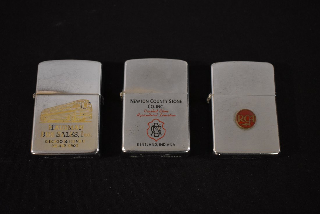 Group of 3 Vintage Zippo Adv Lighters RCA: A Group of 3 Vintage Zippo Advertising Lighters including RCA, Hausman Bus Sales Chicago and Newton County Store Kentland, Indiana.